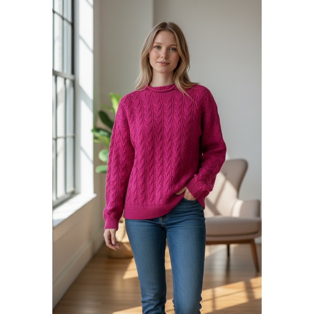 J. Crew Fuchsia Pink Cable Knit roll Neck Sweater Womens Small Fisherman barbie